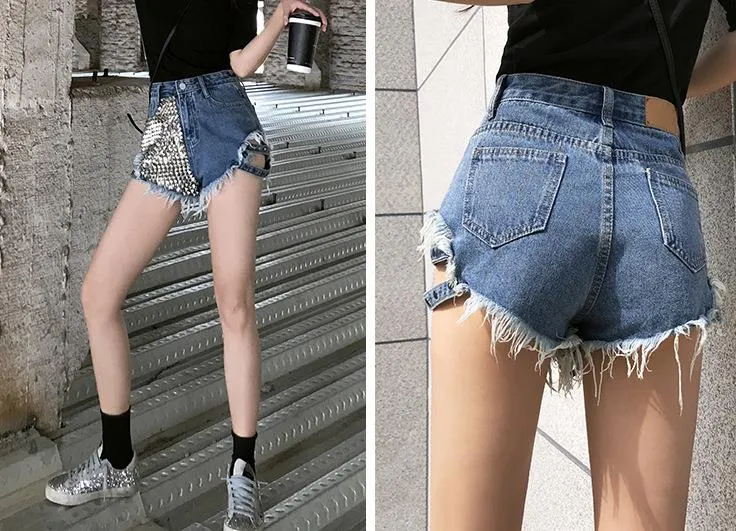 Rivet denim summer women high waist loose tassel jean shorts