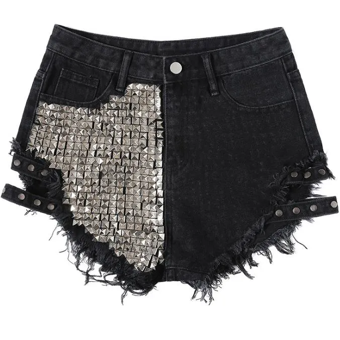 Rivet denim summer women high waist loose tassel jean shorts