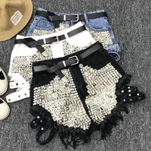 Rivet denim summer women high waist loose tassel jean shorts