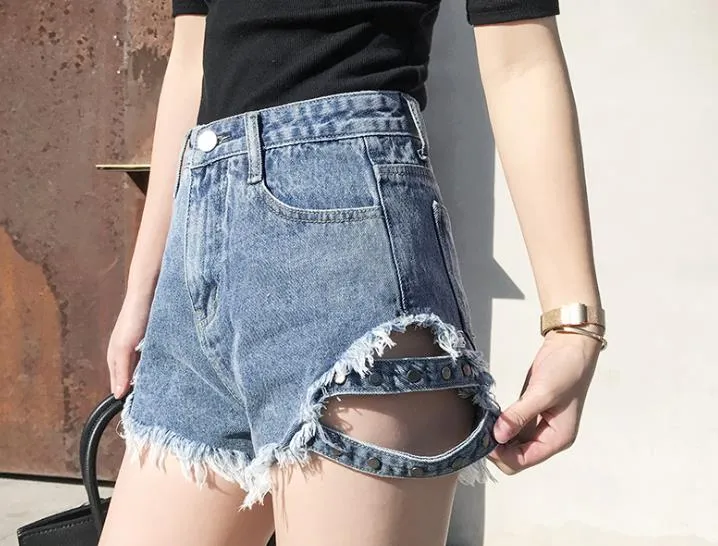 Rivet denim summer women high waist loose tassel jean shorts