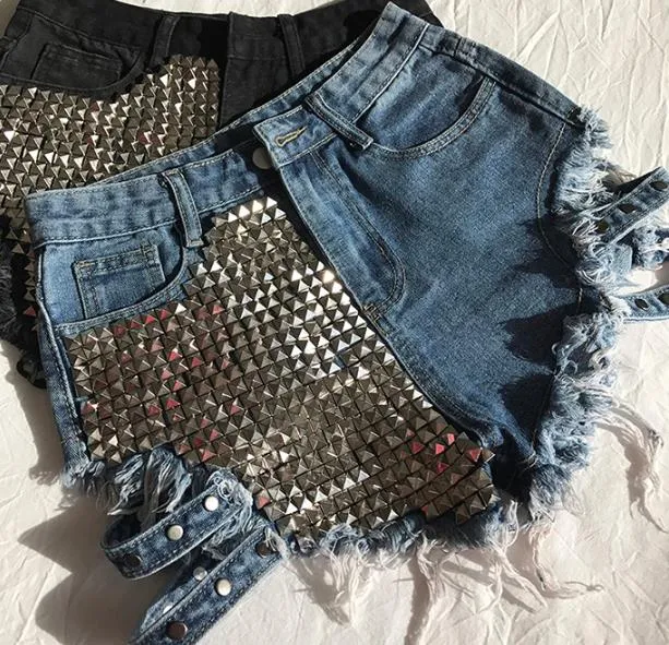 Rivet denim summer women high waist loose tassel jean shorts