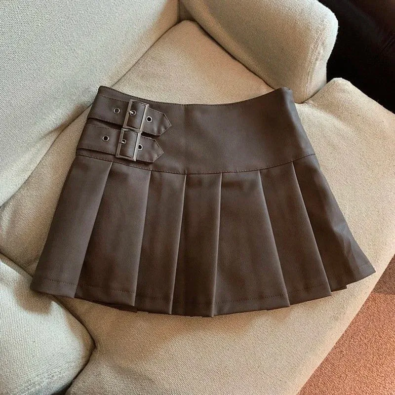 S-3XL Y2K Pu Leather Mini Skirts Women Streetwear High Waist Pleated Skirt Vintage Korean Black Slim Casual A Line Skirts