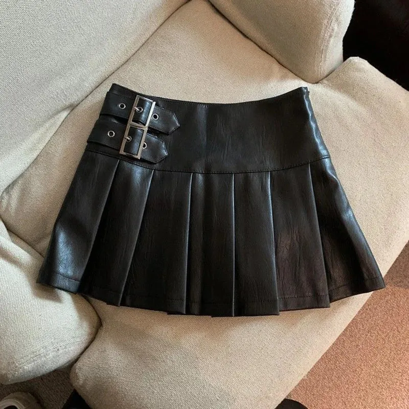 S-3XL Y2K Pu Leather Mini Skirts Women Streetwear High Waist Pleated Skirt Vintage Korean Black Slim Casual A Line Skirts