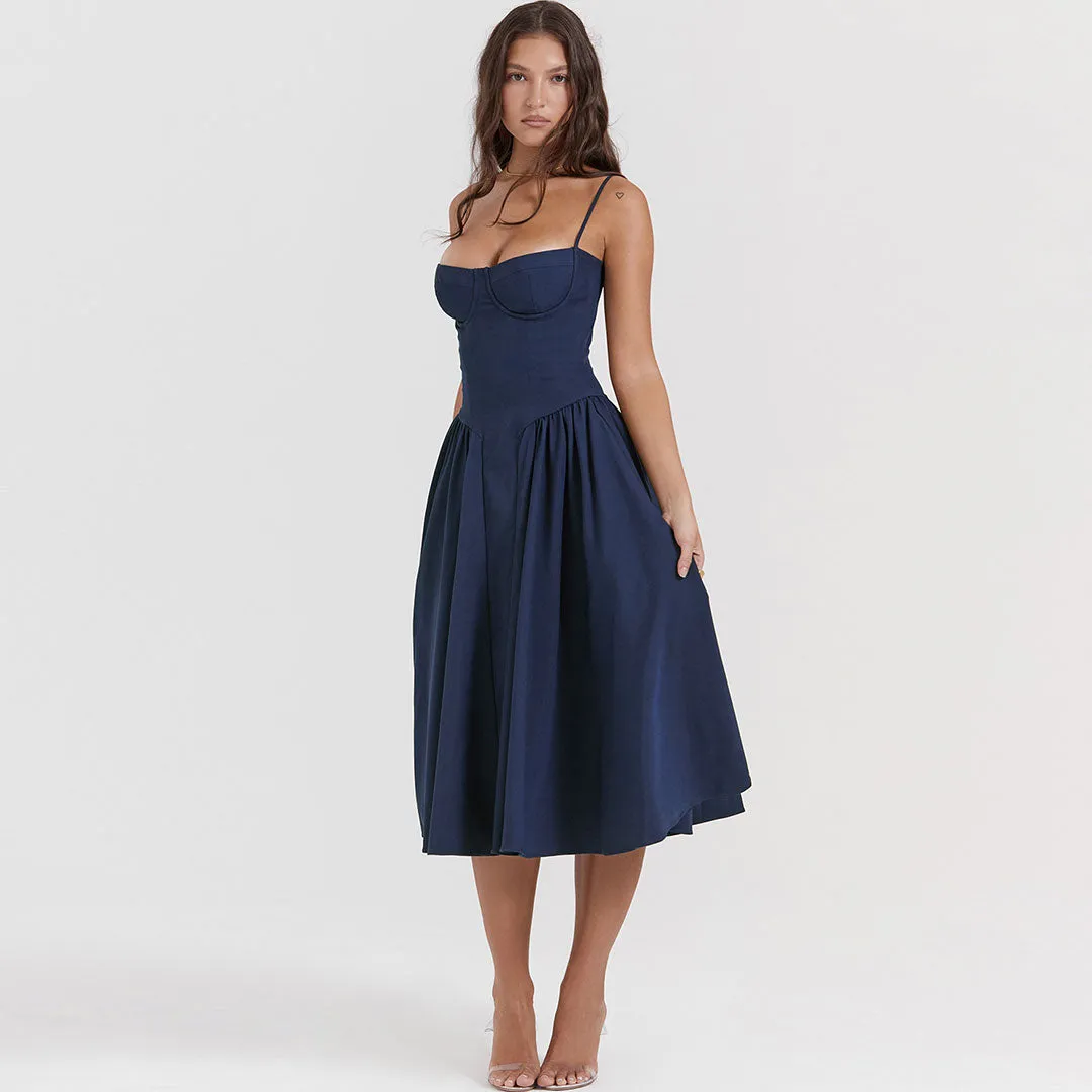 Sexy Demi Neck Drop Waist Fit and Flare Midi Cami Sundress - Navy Blue