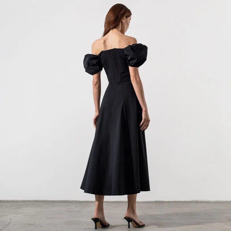 Sexy Puff Sleeve Tie Front High Split Off Shoulder Midi Sundress - Black