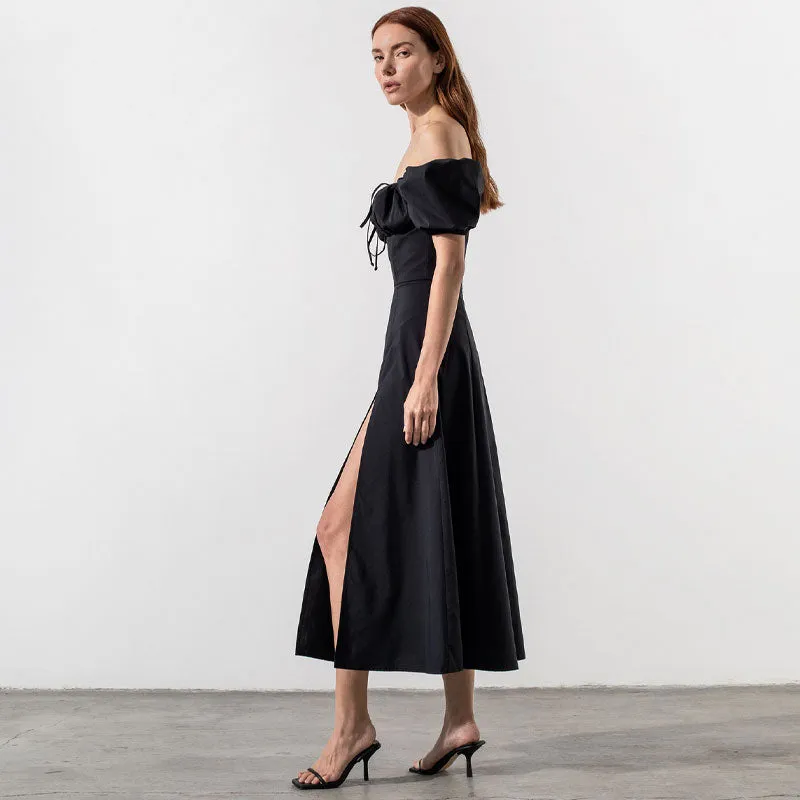 Sexy Puff Sleeve Tie Front High Split Off Shoulder Midi Sundress - Black