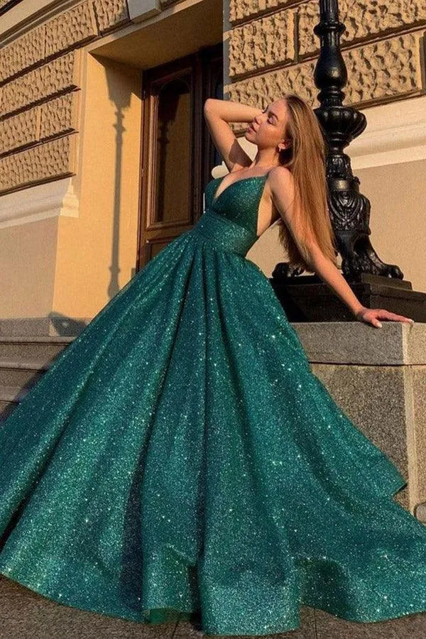 Shiny V Neck Green Prom Dresses Ball Gown Formal Dresses PSK290