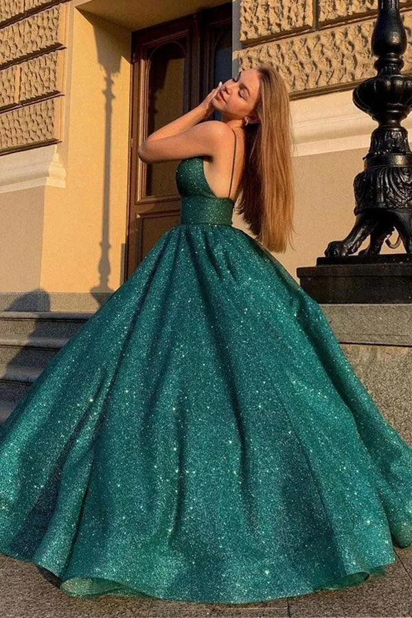 Shiny V Neck Green Prom Dresses Ball Gown Formal Dresses PSK290