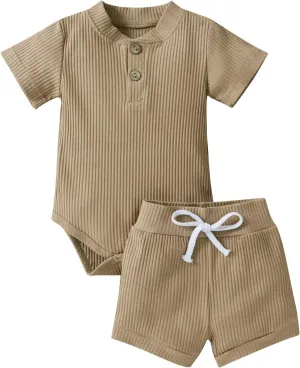 Summer Newborn Baby Boy Girl Clothes Set Ribbed Outfits Unisex Infant Solid Cotton Button Short Sleeve Tops Shorts 2PCS