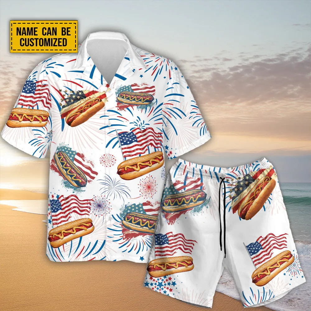 Teesdily | Custom American Hot Dog Burger Hawaiian Shirt, You Look Like The 4th Of July Hawaii Shirt, Patriotic Aloha Set, Happy 4th Of July Gift