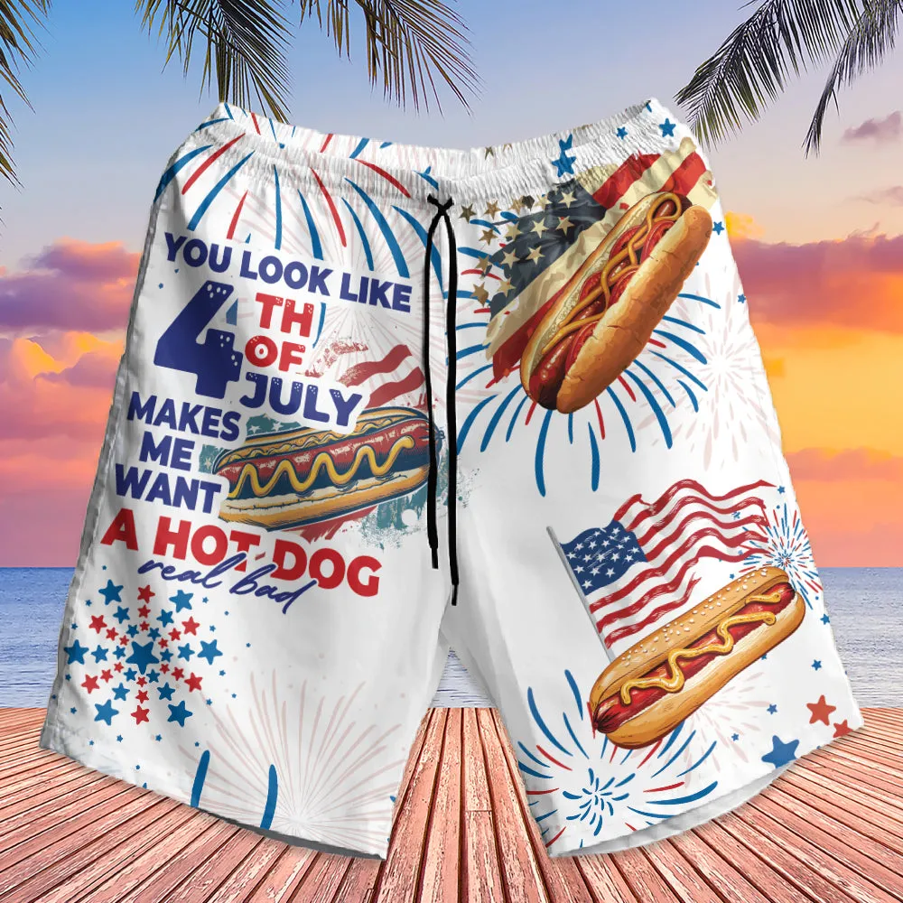 Teesdily | Custom American Hot Dog Burger Hawaiian Shirt, You Look Like The 4th Of July Hawaii Shirt, Patriotic Aloha Set, Happy 4th Of July Gift