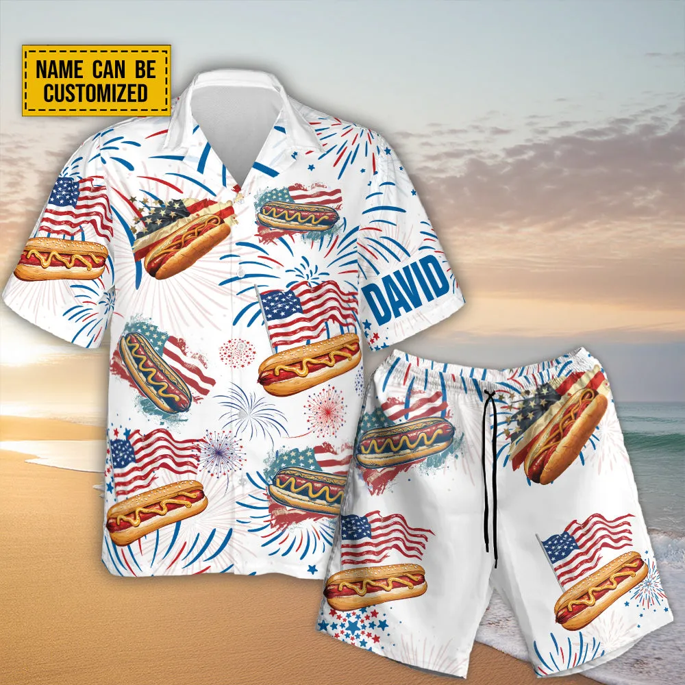 Teesdily | Custom American Hot Dog Burger Hawaiian Shirt, You Look Like The 4th Of July Hawaii Shirt, Patriotic Aloha Set, Happy 4th Of July Gift