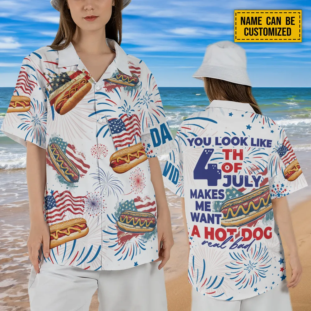 Teesdily | Custom American Hot Dog Burger Hawaiian Shirt, You Look Like The 4th Of July Hawaii Shirt, Patriotic Aloha Set, Happy 4th Of July Gift