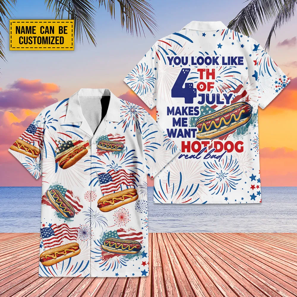 Teesdily | Custom American Hot Dog Burger Hawaiian Shirt, You Look Like The 4th Of July Hawaii Shirt, Patriotic Aloha Set, Happy 4th Of July Gift