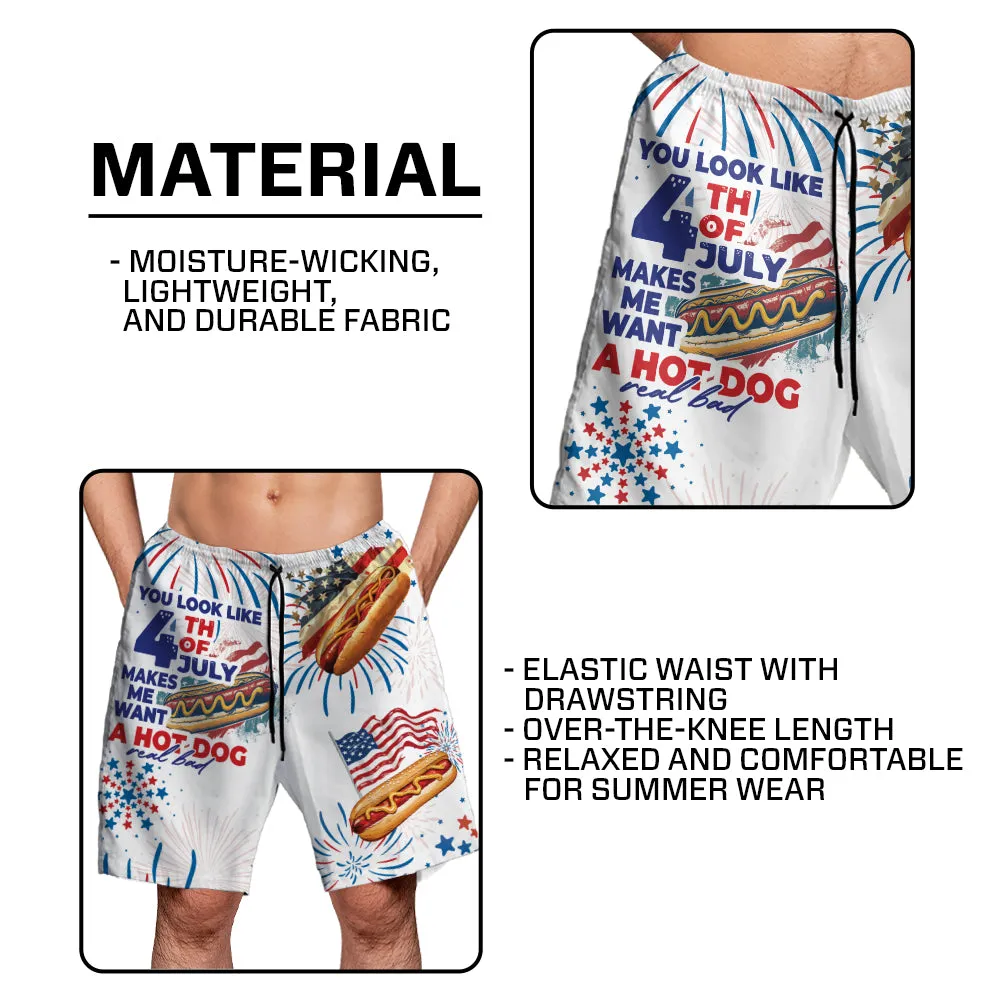 Teesdily | Custom American Hot Dog Burger Hawaiian Shirt, You Look Like The 4th Of July Hawaii Shirt, Patriotic Aloha Set, Happy 4th Of July Gift