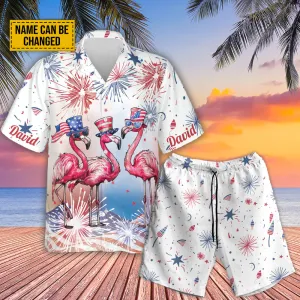 Teesdily | Custom Flamingo American Flag Hawaiian Shirt, Flamingo Beach Hawaii Set, Flamerica Patriotic Aloha Outfit, Independence 4th Of July Gifts