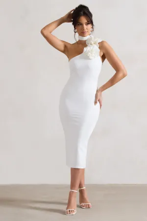 The Soiree | White Bodycon Midi Dress With Ruffled Choker