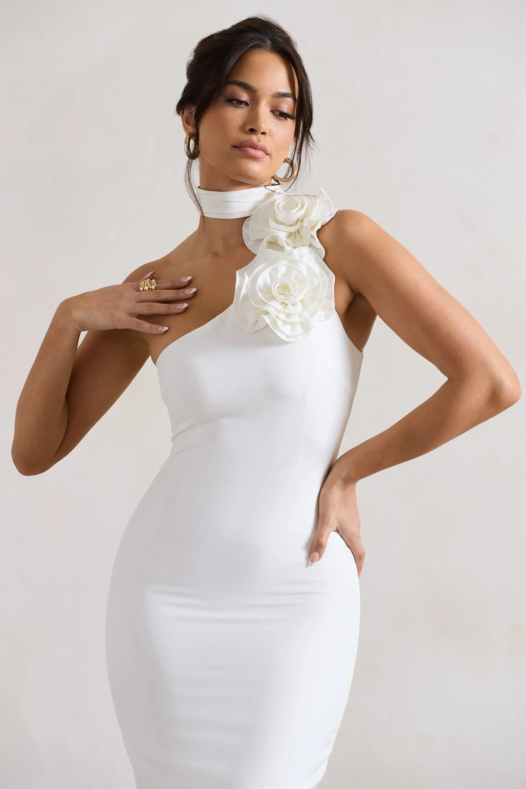 The Soiree | White Bodycon Midi Dress With Ruffled Choker