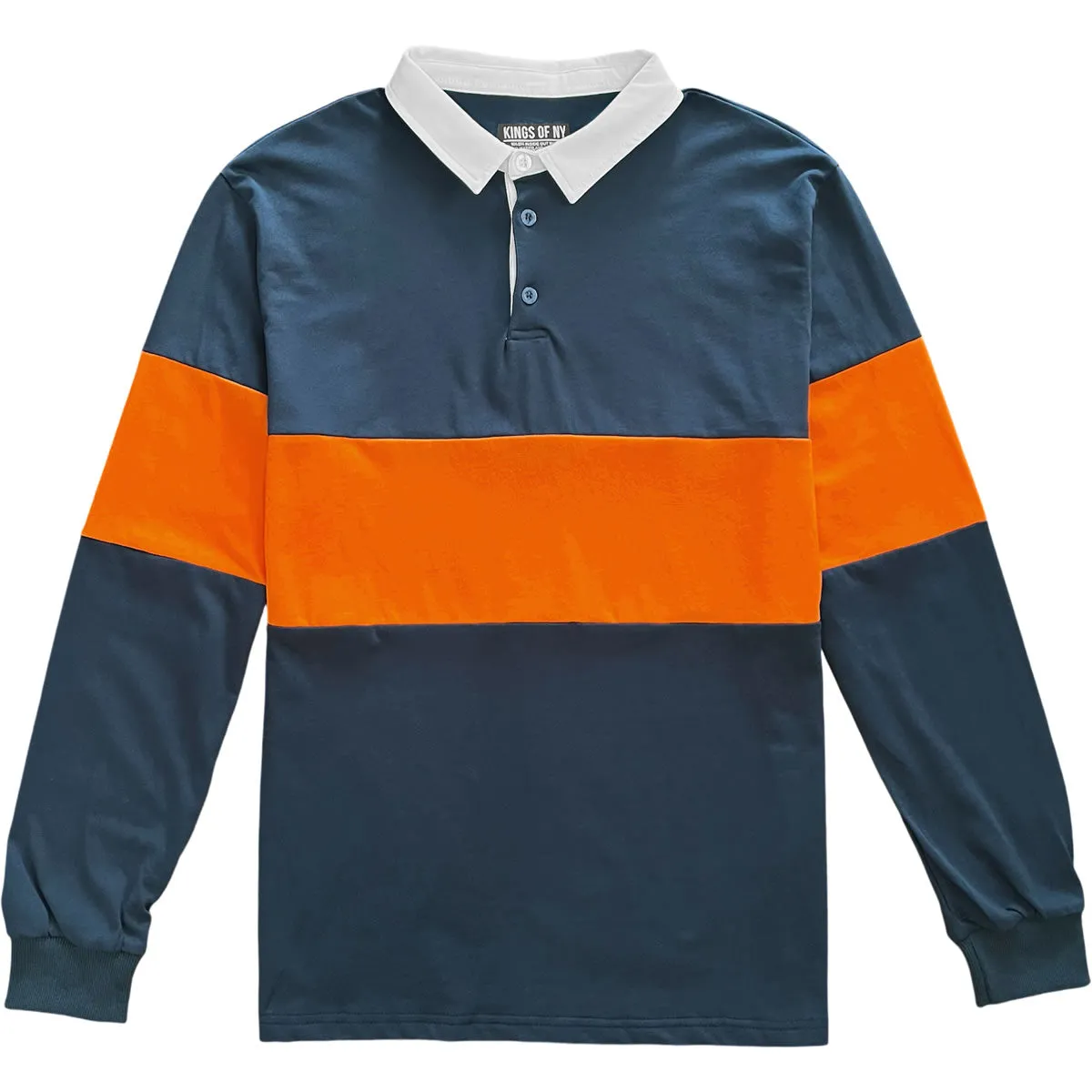 Traditional Navy Blue and Orange Striped Mens Long Sleeve Rugby Shirt