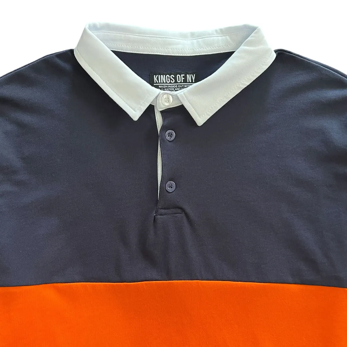 Traditional Navy Blue and Orange Striped Mens Long Sleeve Rugby Shirt