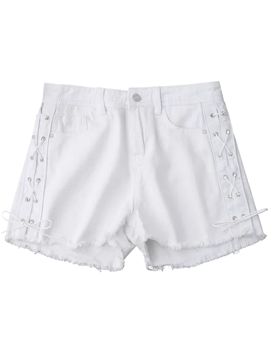 Trendy Frayed Hem Side Lace Up Denim Shorts