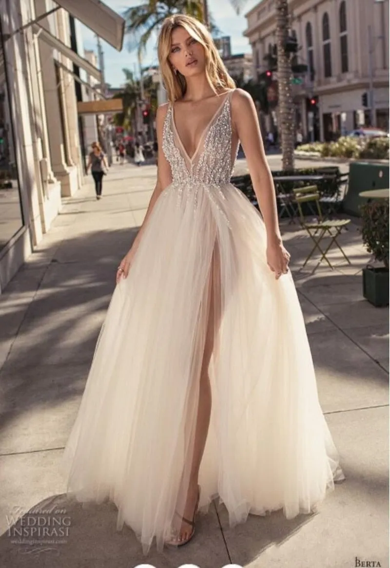 Tulle Evening Gown Backless V-Neck High Split Prom Party Gowns Custom Made Special Occasion Dresses