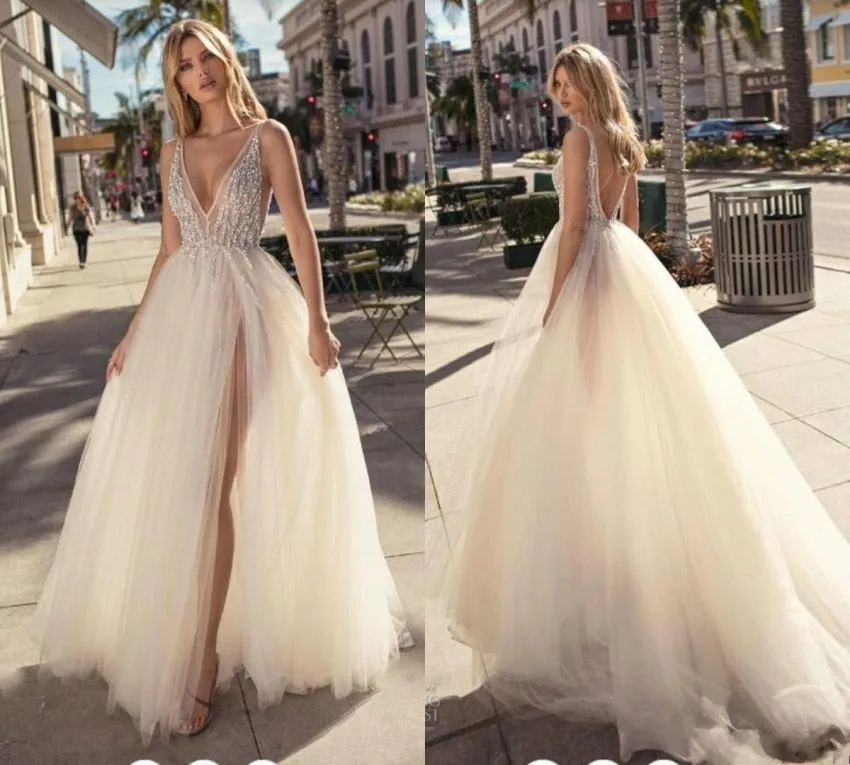 Tulle Evening Gown Backless V-Neck High Split Prom Party Gowns Custom Made Special Occasion Dresses