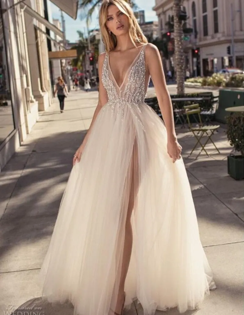 Tulle Evening Gown Backless V-Neck High Split Prom Party Gowns Custom Made Special Occasion Dresses