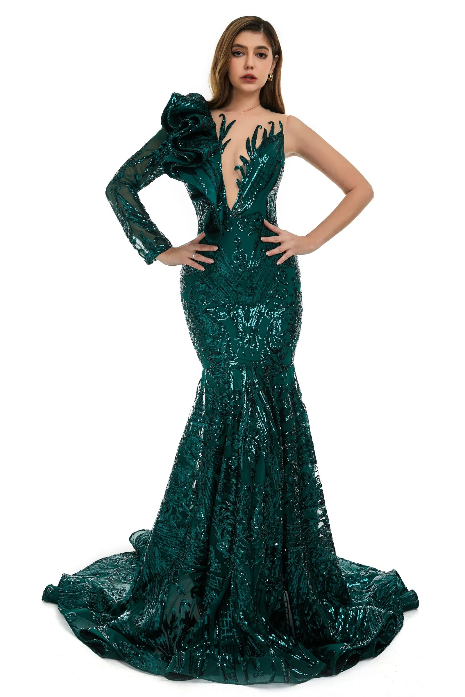 Turquoise Green Mermaid One Sleeve Prom Dresses Sequined Lace Jewel Ruffles Evening Party Dress with Appliques﻿