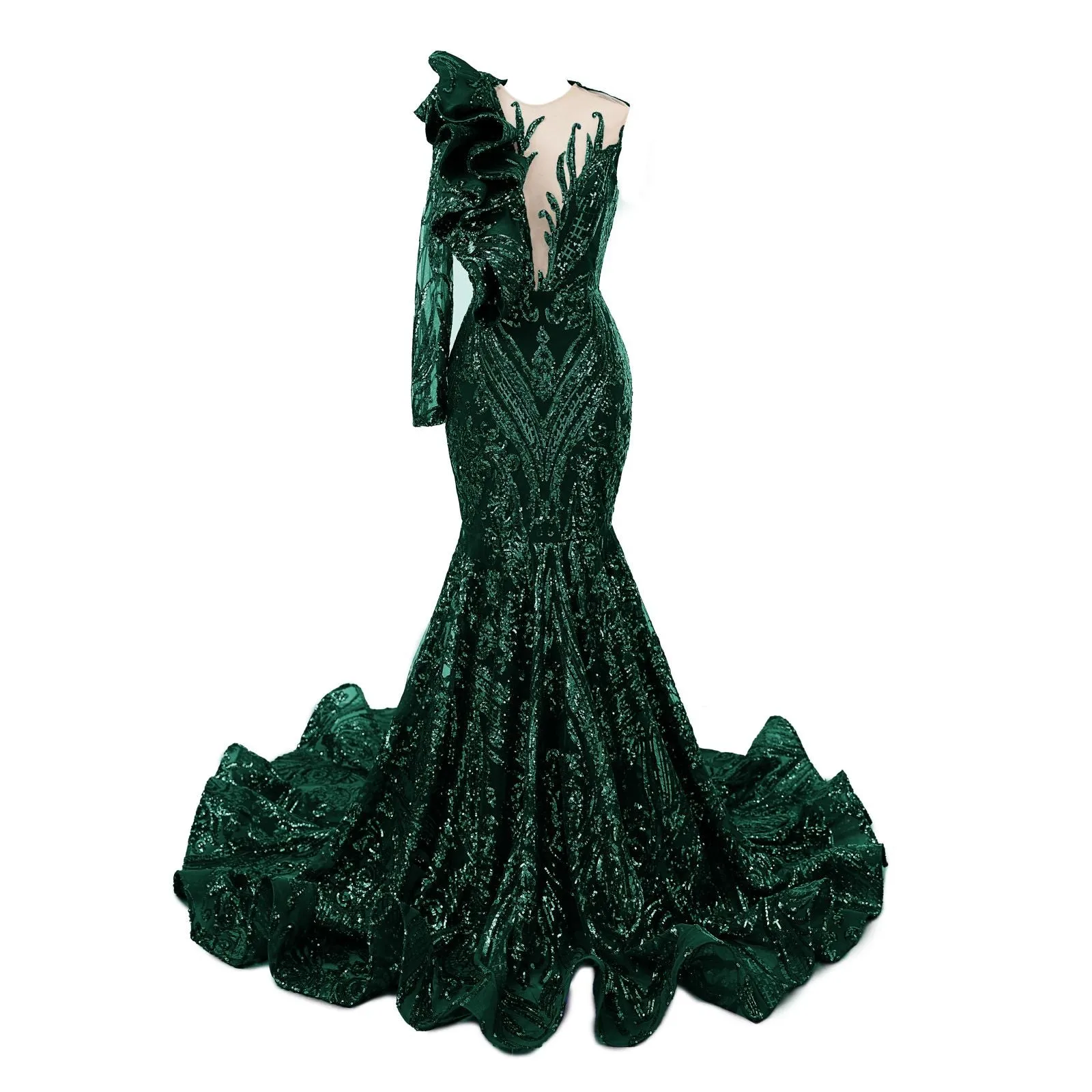 Turquoise Green Mermaid One Sleeve Prom Dresses Sequined Lace Jewel Ruffles Evening Party Dress with Appliques﻿