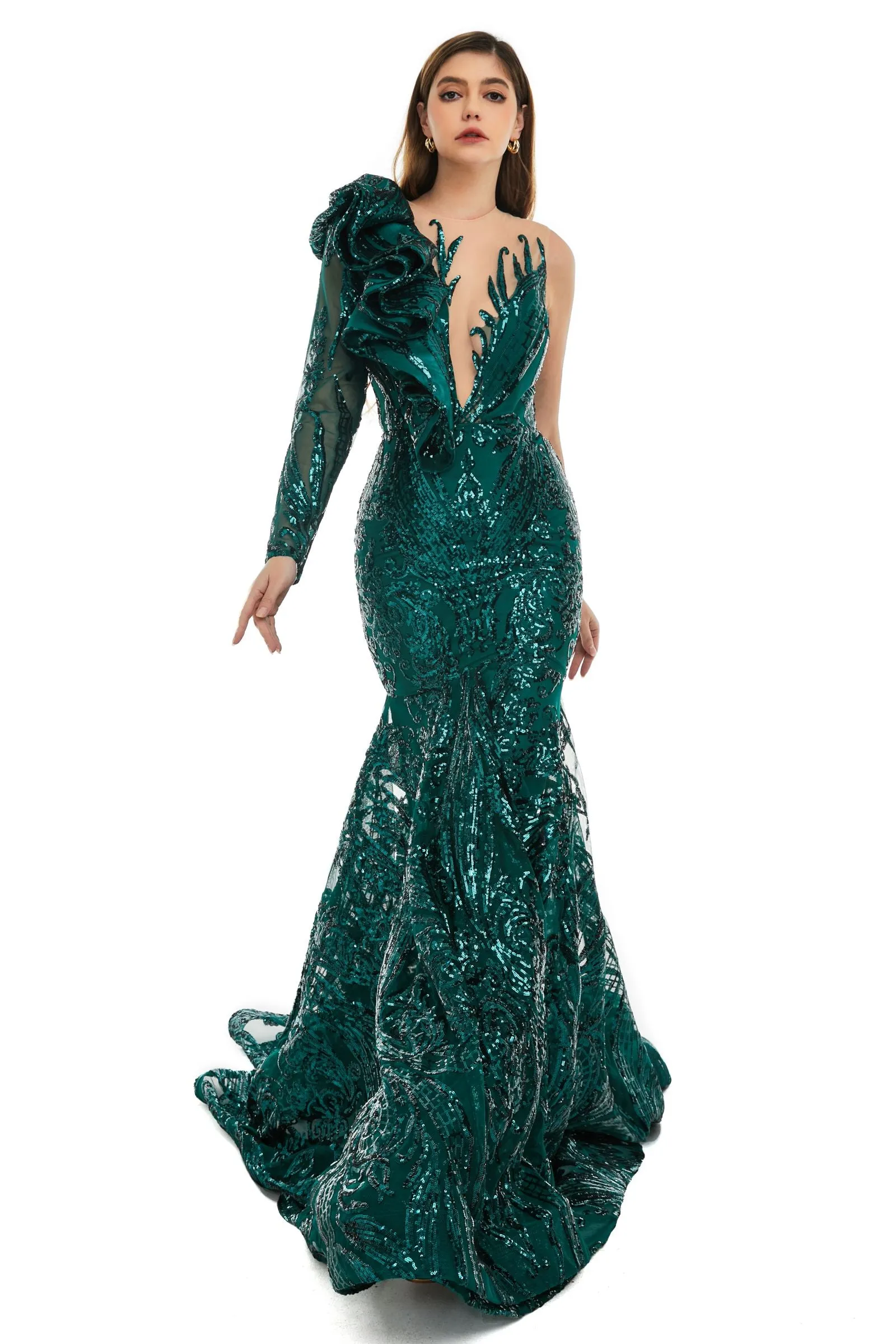 Turquoise Green Mermaid One Sleeve Prom Dresses Sequined Lace Jewel Ruffles Evening Party Dress with Appliques﻿