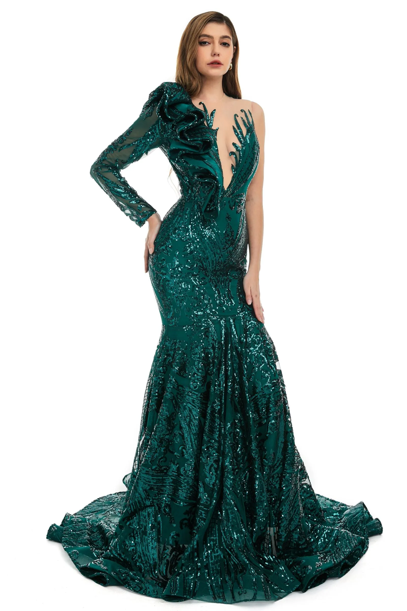 Turquoise Green Mermaid One Sleeve Prom Dresses Sequined Lace Jewel Ruffles Evening Party Dress with Appliques﻿