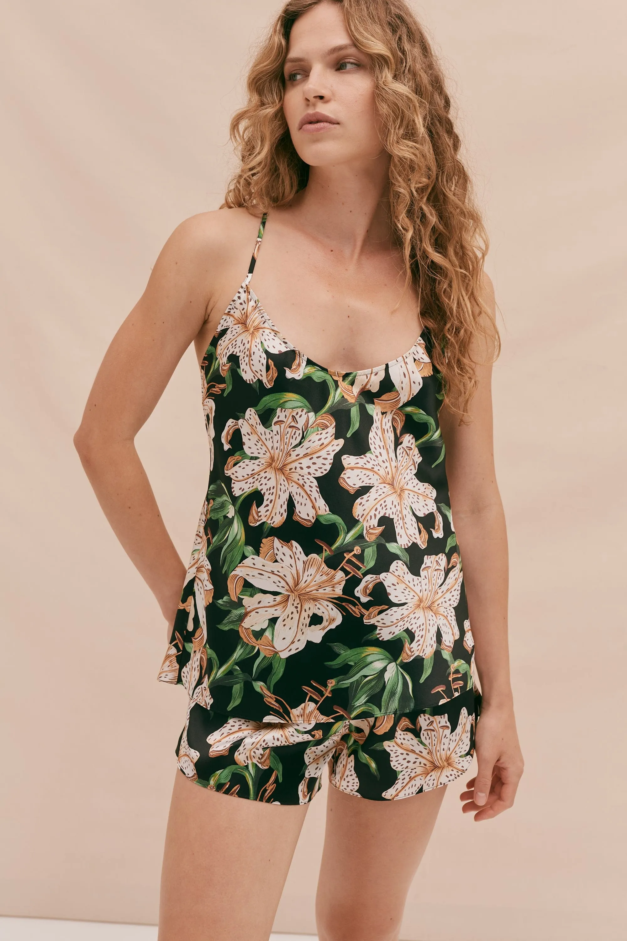 Washable Silk Cami Top and Shorts Set Lilium Print Black