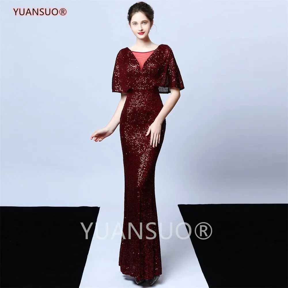 Wenkouban Golden Evening Dresses Mermaid Short Sleeves Sexy V Neck Evening Gown Elegant Glitter Bat Sleeves Formal Party Dress