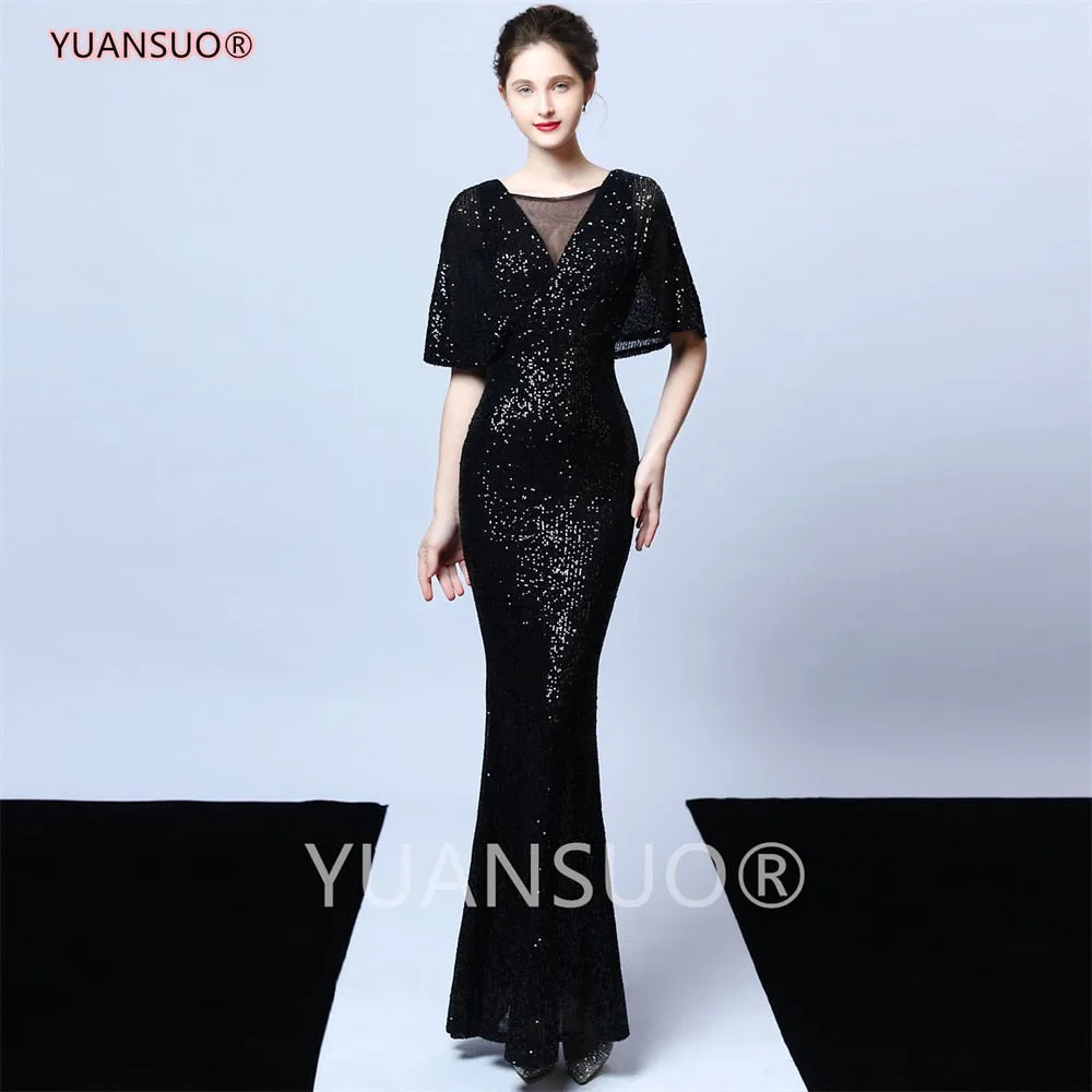 Wenkouban Golden Evening Dresses Mermaid Short Sleeves Sexy V Neck Evening Gown Elegant Glitter Bat Sleeves Formal Party Dress