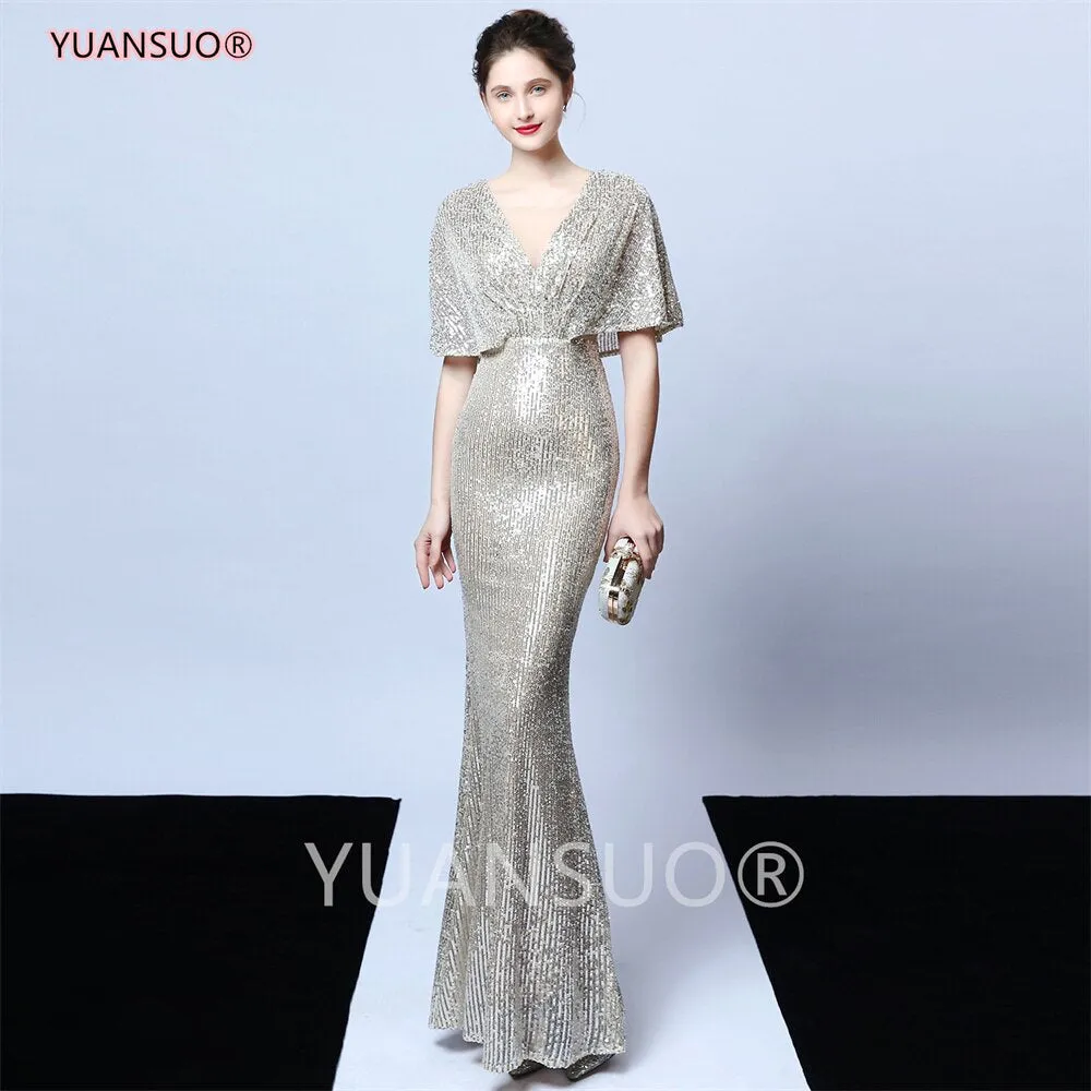 Wenkouban Golden Evening Dresses Mermaid Short Sleeves Sexy V Neck Evening Gown Elegant Glitter Bat Sleeves Formal Party Dress