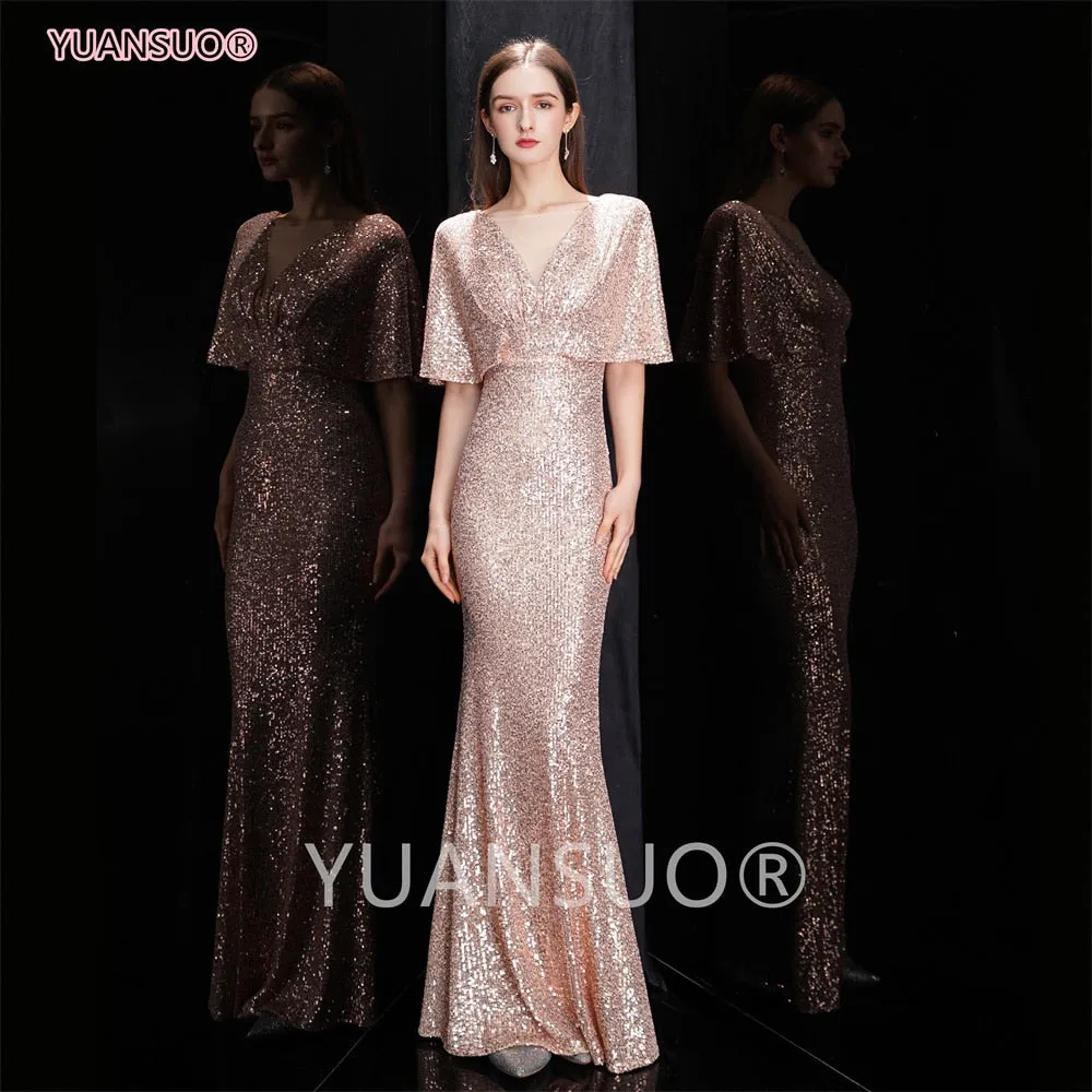 Wenkouban Golden Evening Dresses Mermaid Short Sleeves Sexy V Neck Evening Gown Elegant Glitter Bat Sleeves Formal Party Dress