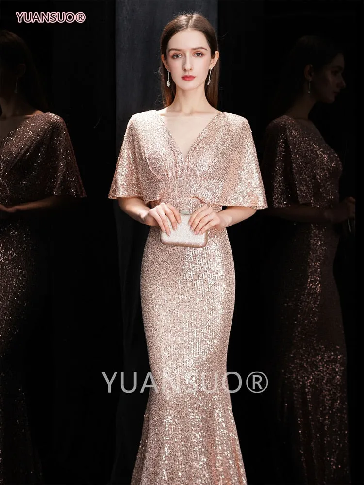 Wenkouban Golden Evening Dresses Mermaid Short Sleeves Sexy V Neck Evening Gown Elegant Glitter Bat Sleeves Formal Party Dress