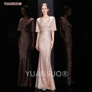 Wenkouban Golden Evening Dresses Mermaid Short Sleeves Sexy V Neck Evening Gown Elegant Glitter Bat Sleeves Formal Party Dress