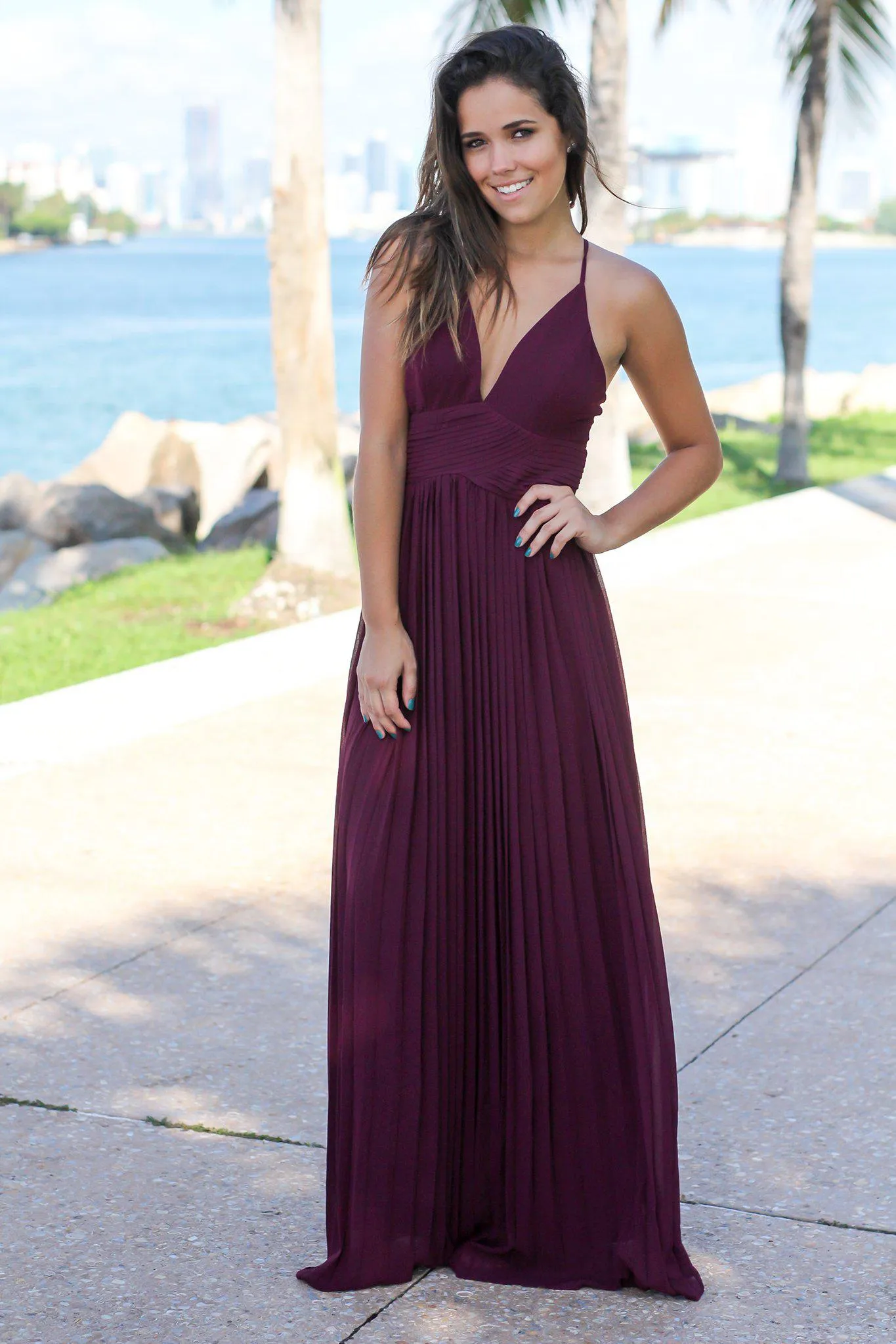 Wine Pleated Maxi Dress with Criss Cross Back