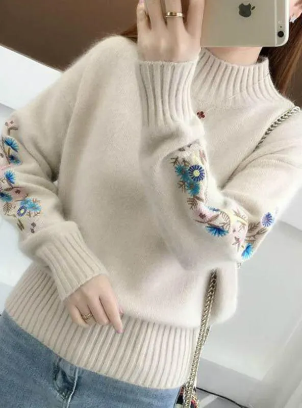 Women Embroidery Turtleneck Sweater Long Sleeve Knit