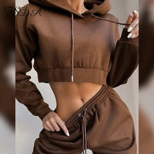 Women Set Autumn Winter Long Sleeve Crop Top Hoodie And Panta Joggers