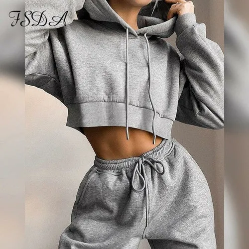 Women Set Autumn Winter Long Sleeve Crop Top Hoodie And Panta Joggers