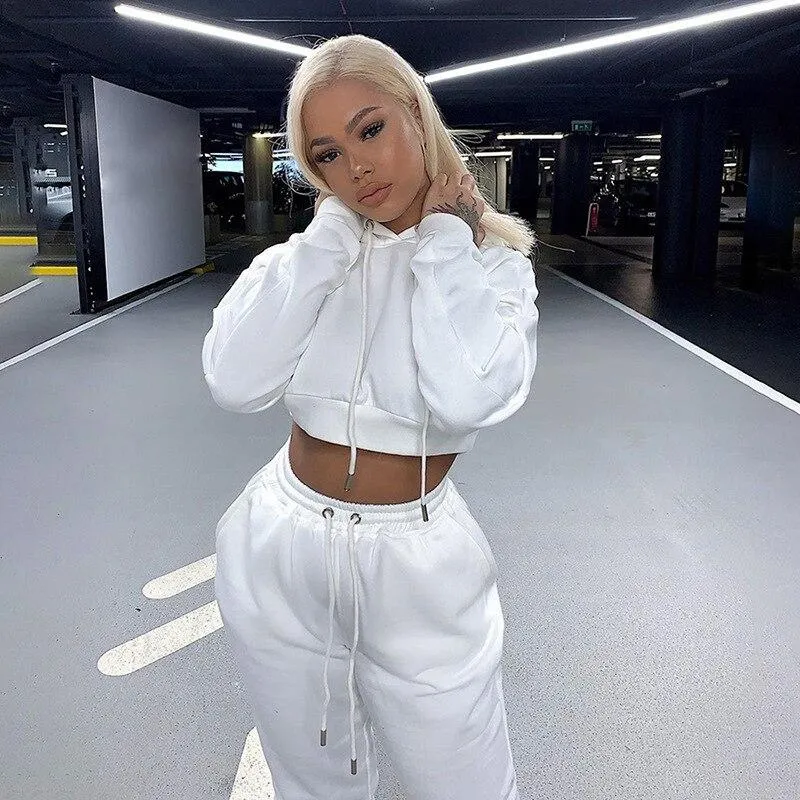 Women Set Autumn Winter Long Sleeve Crop Top Hoodie And Panta Joggers